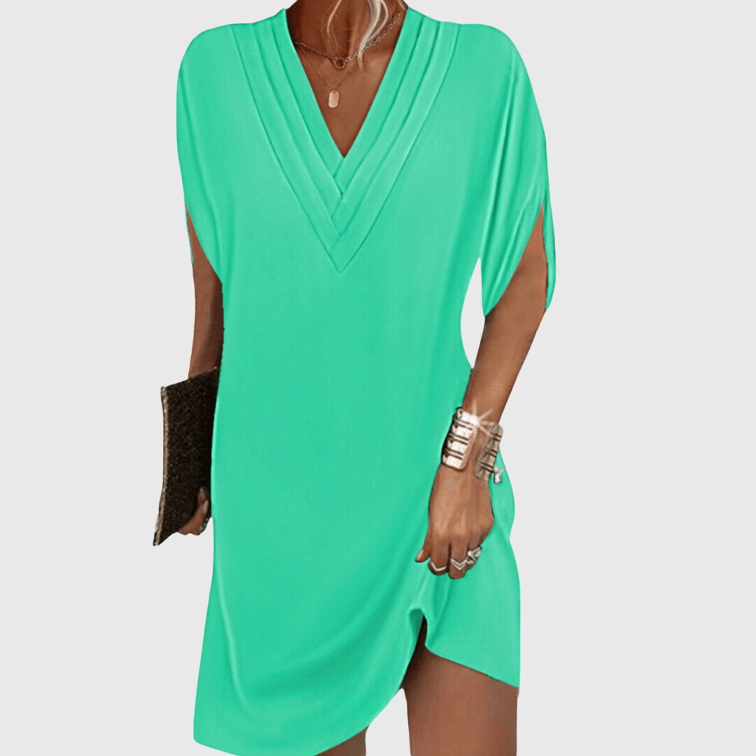 Effortless Mini Dress for Women with V Neck Split Sleeve Tulip Hem Relaxed Flowing Style