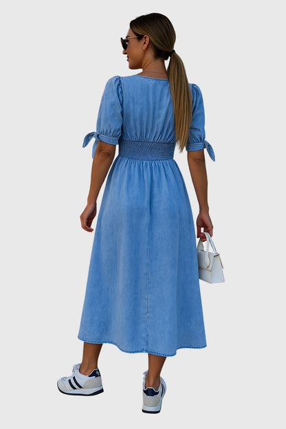 Elegant Button Front Midi Dress for Women with V Neck Puff Sleeve Smocked Waist Flowing Style