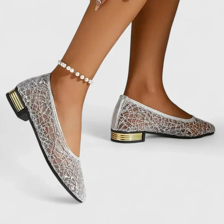 Elegant Lace Mesh Ballet Flat for Women with Pointed Toe Sequin Embellished Block Heel Style