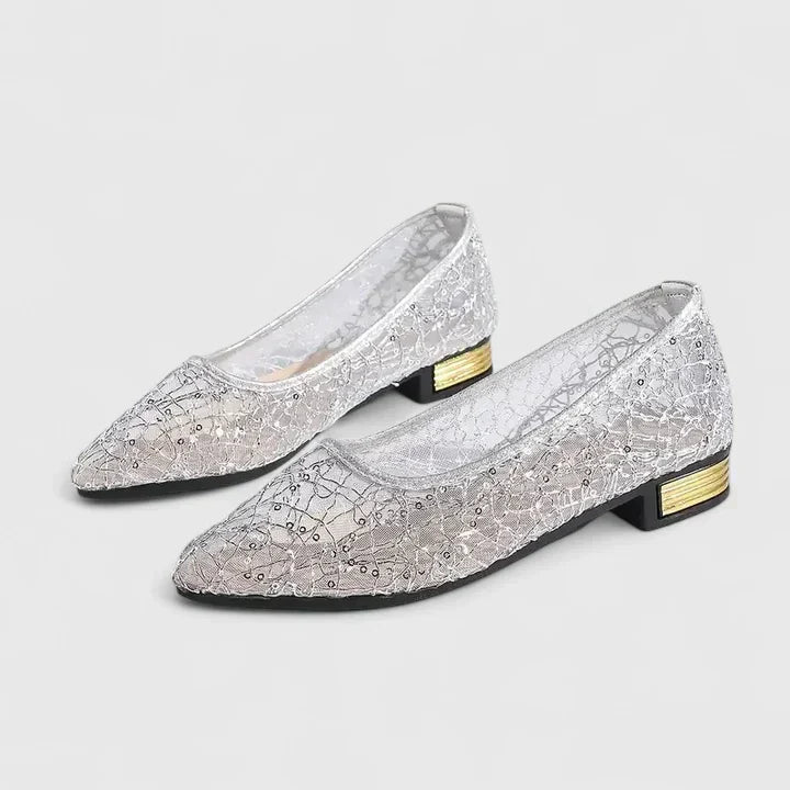 Elegant Lace Mesh Ballet Flat for Women with Pointed Toe Sequin Embellished Block Heel Style