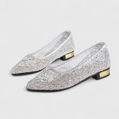 Elegant Lace Mesh Ballet Flat for Women with Pointed Toe Sequin Embellished Block Heel Style