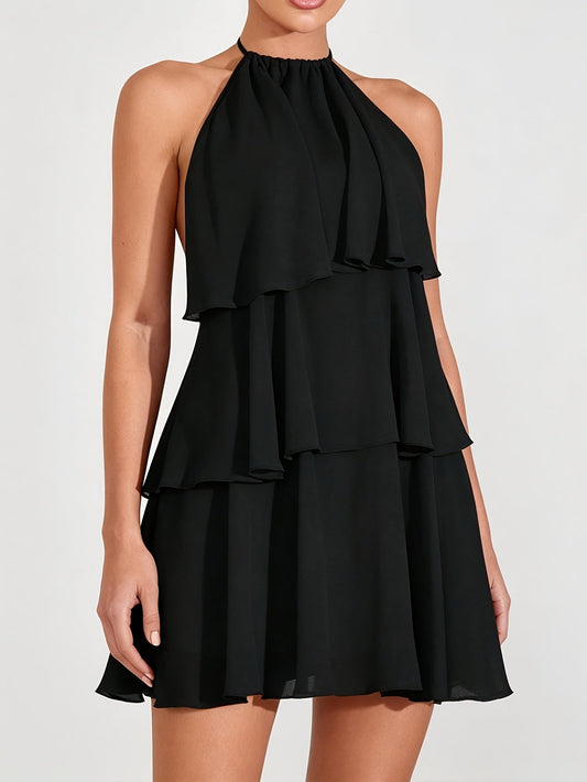 Elegant Black Chiffon Mini Dress for Women with Halter Neck Tiered Ruffle Flowing Style
