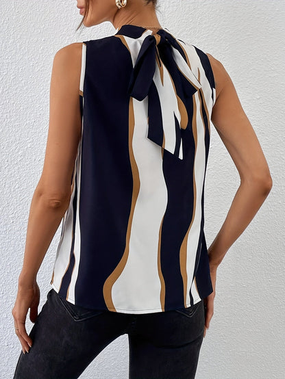 Elegant Multicolor Wavy Stripe Blouse for Women with Mock Neck Sleeveless Tie Back Silky Style