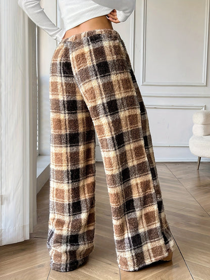 Cozy Plaid Fleece Sweatpants for Women with Elastic Drawstring Wide Leg Plush Loungewear Style