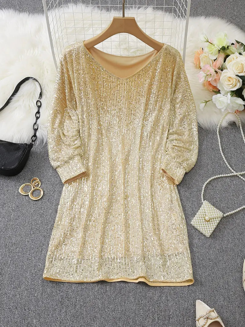 Elegant Sequin Cocktail Dress for Women with One Shoulder Batwing Sleeve Bodycon Sparkle Formal Party Style