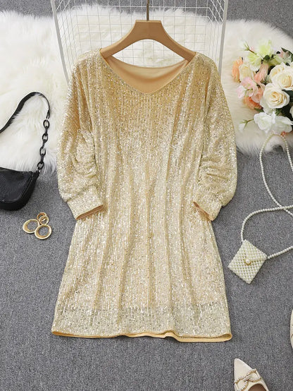 Elegant Sequin Cocktail Dress for Women with One Shoulder Batwing Sleeve Bodycon Sparkle Formal Party Style
