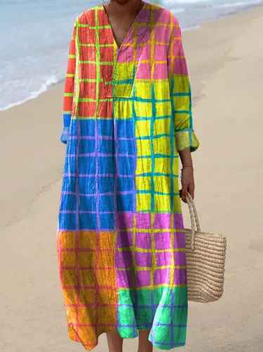 Effortless Patchwork Striped Linen Maxi Dress for Women with V Neck Long Sleeve Kaftan Flowing Bohemian Style