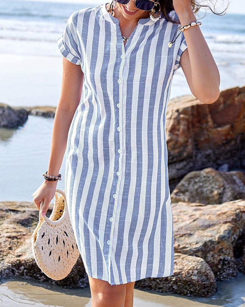 Effortless Blue and White Striped Shirt Dress for Women with Split Neck Short Sleeve Button Front Casual Style