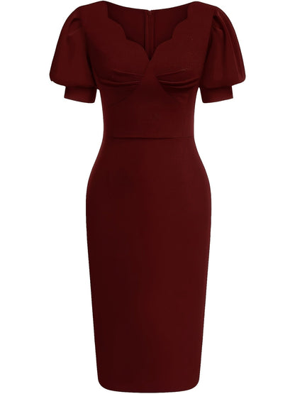 Effortless Cocktail Dress for Women with Scalloped V Neck Balloon Sleeve Bodycon Knee Length Occasion Style
