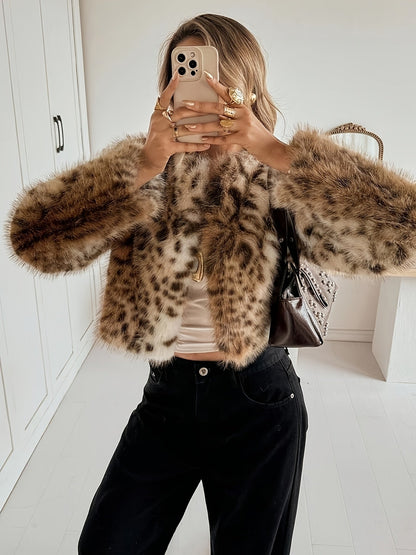 Stylish Leopard Print Flurry Coat for Women with Round Neck Cropped Faux Fur Soft Warm Cold Weather Style