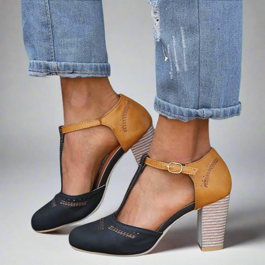 Stylish Color Block T-Strap Pump for Women with Buckle Ankle Strap Chunky Stacked Heel Style