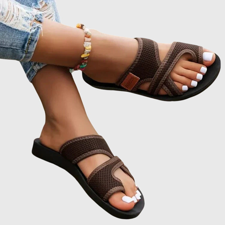 Effortless Mesh Toe Ring Sandal for Women with Crisscross Strap Adjustable Platform Casual Style