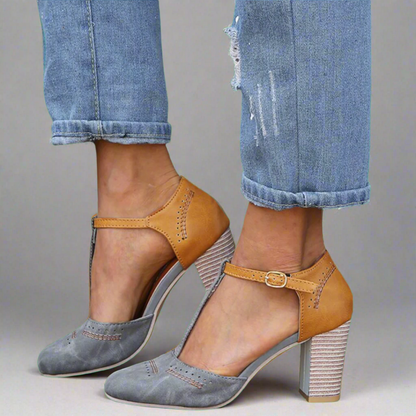 Stylish Color Block T-Strap Pump for Women with Buckle Ankle Strap Chunky Stacked Heel Style