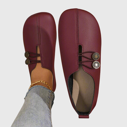 Effortless Distressed Leather Flat Loafer for Women with V Cut Vamp Elastic Strap Button Detail Casual Style