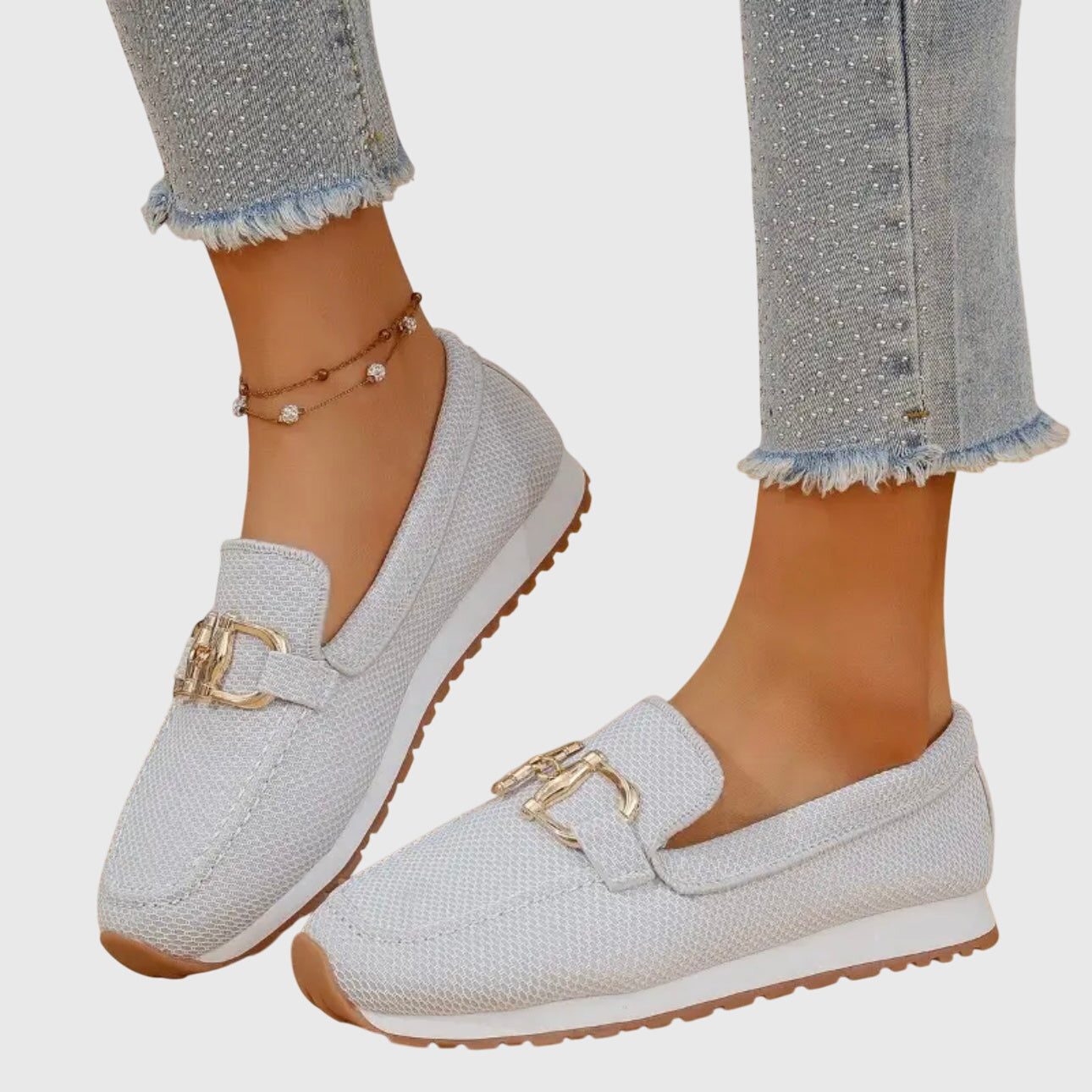 Comfortable Knit Mesh Loafer Sneaker for Women with Gold Horsebit Buckle Platform Slip On Casual Style