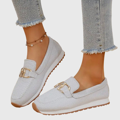 Effortless Knit Mesh Loafer Sneakers for Women with Gold Horsebit Buckle Platform Slip On Style