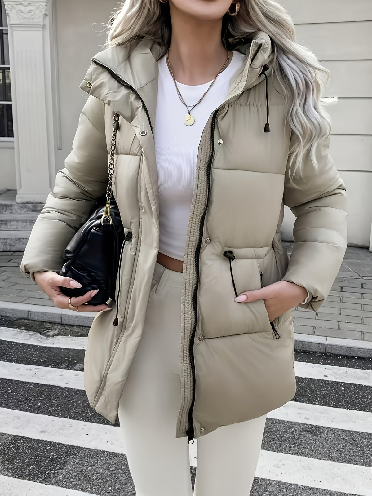 Warm Padded Ski Jacket for Women with Hooded Long Sleeve Elastic Drawstring Zip Pocket Style