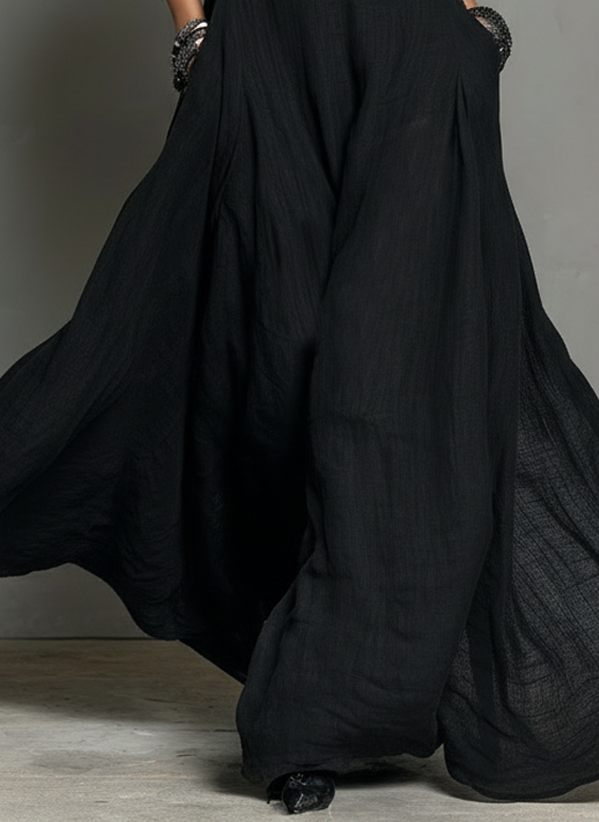 Elegant Black Linen Maxi Dress for Women with Halter Neck Sleeveless Flowing Boho Style