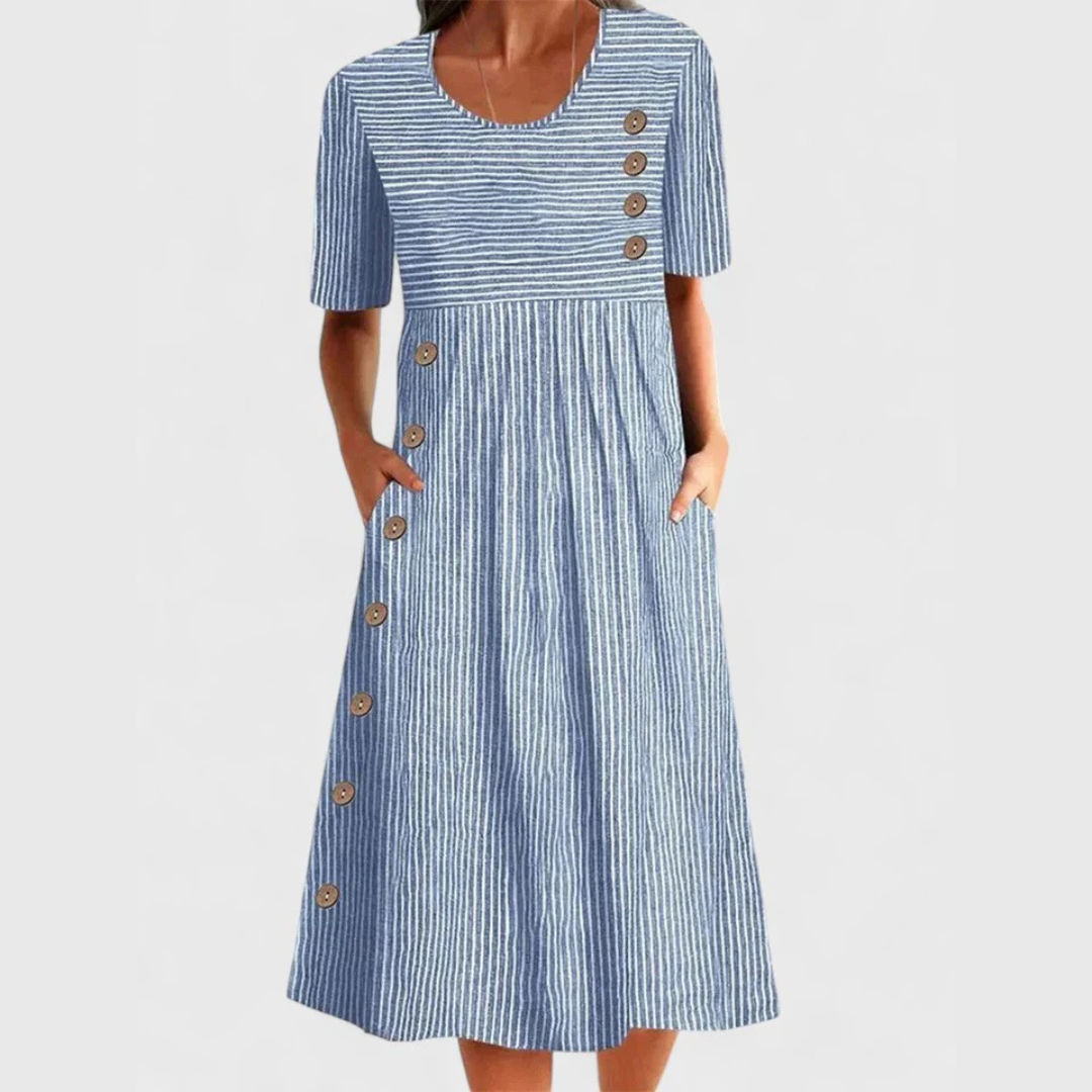 Effortless Striped Midi Dress for Women with Round Neck Short Sleeve Button Detail Pocket Casual Style