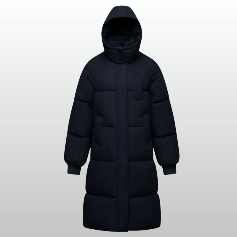 Cozy Black Long Hooded Puffer Coat for Women with Zip Front Cinched Waist Quilted Insulated Cold Weather Style