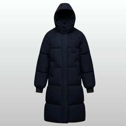 Cozy Black Long Hooded Puffer Coat for Women with Zip Front Cinched Waist Quilted Insulated Cold Weather Style