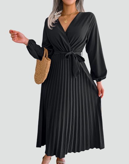 Elegant Pleated Cocktail Dress for Women with V Neck Balloon Sleeve Wrap Belted Flowing Style