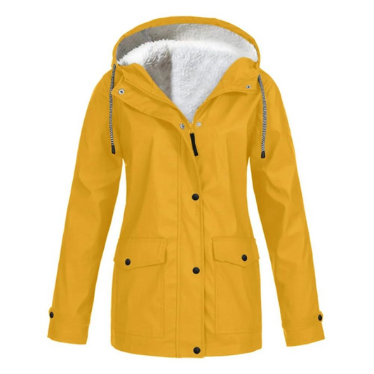 Cozy Yellow Rain Jacket for Women with Hooded Long Sleeve Fleece Lined Zip Front Style