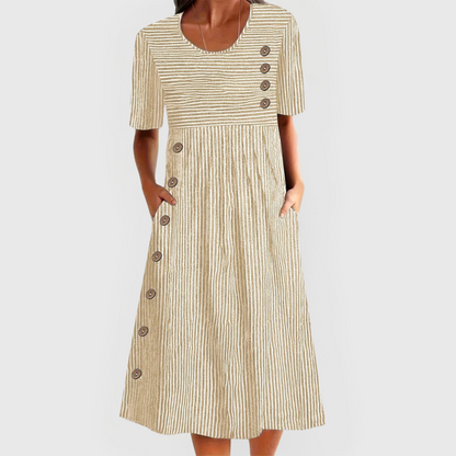 Effortless Striped Midi Dress for Women with Round Neck Short Sleeve Button Detail Pocket Casual Style