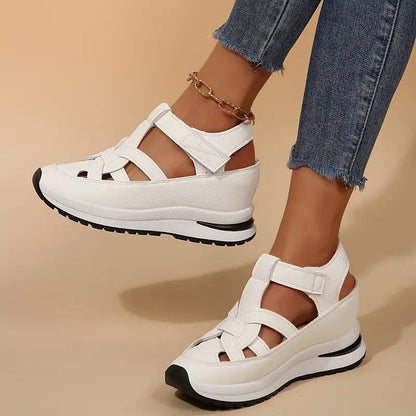 Effortless Woven Wedge Sneaker Sandal for Women with Velcro Strap Closed Toe Chunky Sole Casual Style