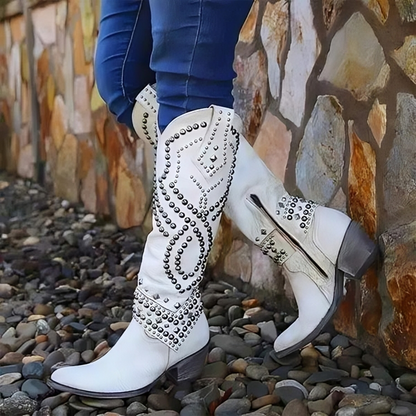 Stylish Studded Knee High Boot for Women with Pointed Toe Block Heel Western Style