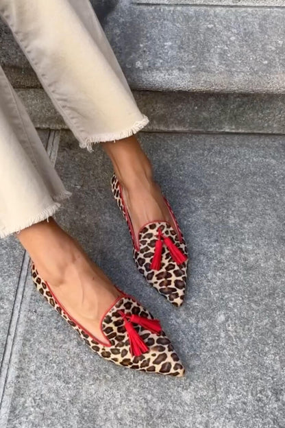 Elegant Leopard Print Tassel Loafer Mule for Women with Pointed Toe Red Trim Slip On Style