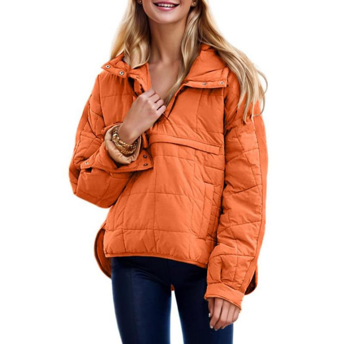 Women's Oversized Quilted Snap Collar Pullover Jacket