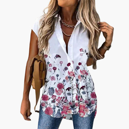 Elegant Butterfly Print Shirt for Women with Collar Short Sleeve Button Front Relaxed Style