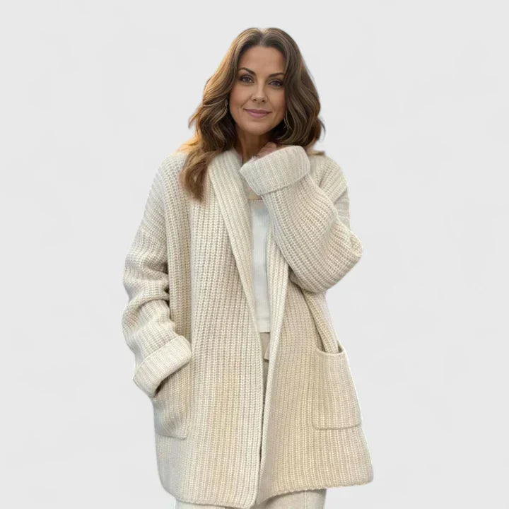 Warm Cream Long Cardigan for Women with Open Front Chunky Knit Pockets Easy Style