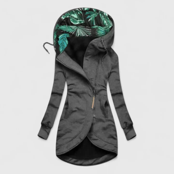 Comfortable Tropical Print Hoodie Jacket for Women with High Neck Long Sleeve Drawstring Hood Asymmetrical Hem Casual Style
