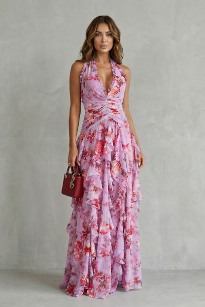 Elegant Floral Cocktail Dress for Women with Halter V Neck Ruffle Tiered Maxi Formal Style