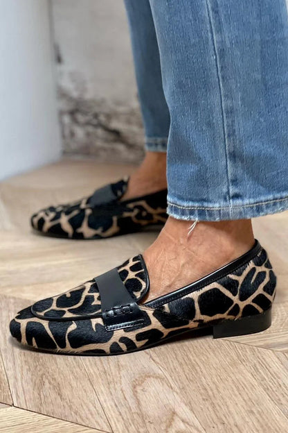 Elegant Black Leopard Print Calf Hair Loafer for Women with Penny Strap Pointed Toe Block Heel Casual Style