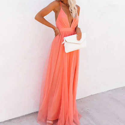 Elegant Coral Tulle Cocktail Dress for Women with Plunging V Neck Spaghetti Strap Open Back Flowing Style