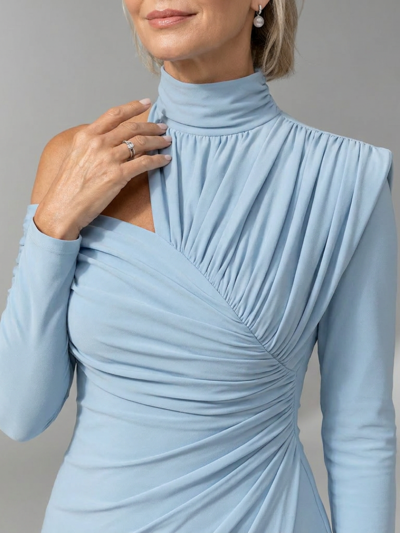 Elegant Draped Midi Dress for Women with High Neck Long Sleeve One Shoulder Ruched Formal Wedding Guest Style