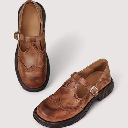 Comfortable Leather Mary Jane Shoes for Women with T Strap Buckle Wingtip Brogue Block Heel Style