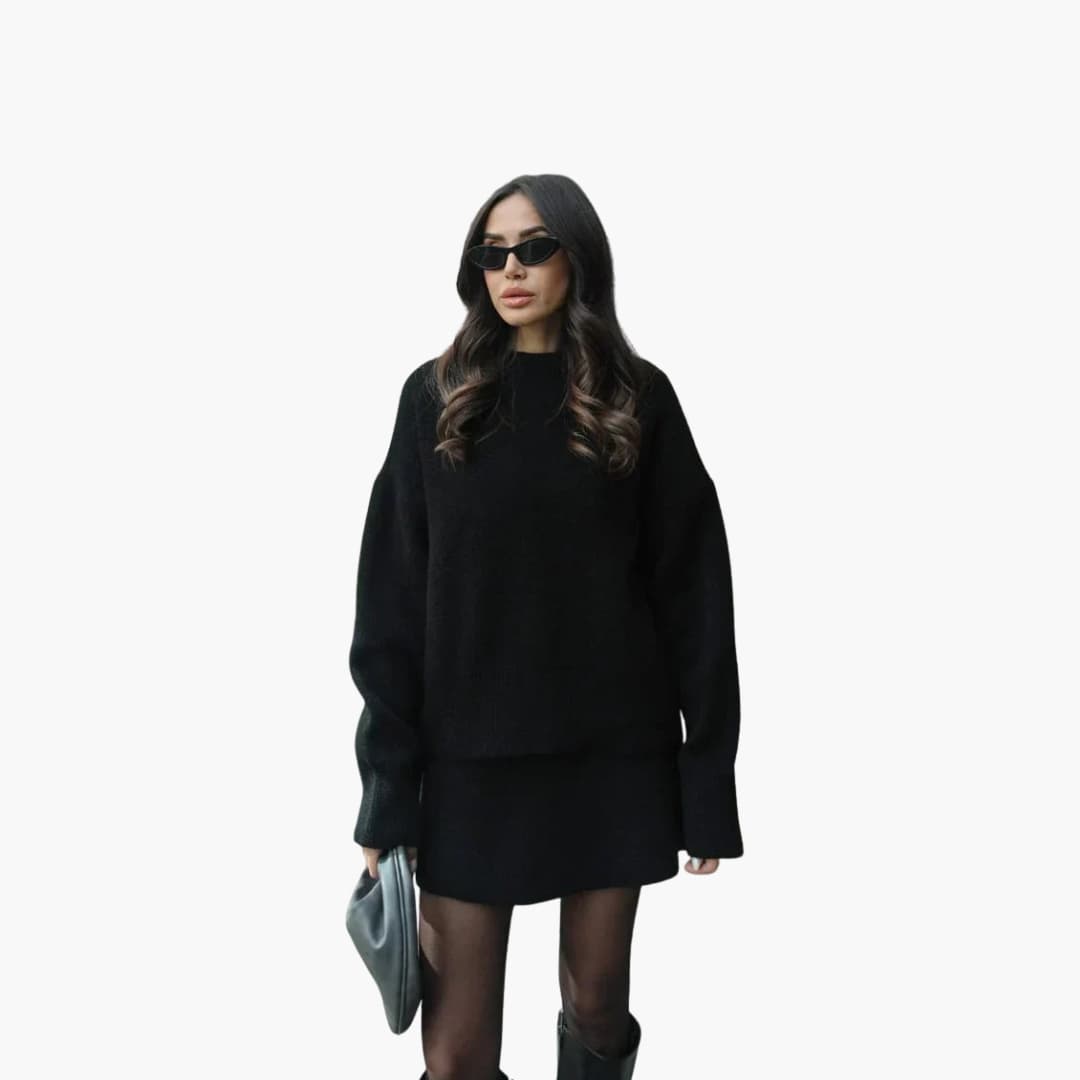 Stylish Black Knit Two Piece Set for Women with Round Neck Sweater High Waist Mini Skirt Loungewear Style