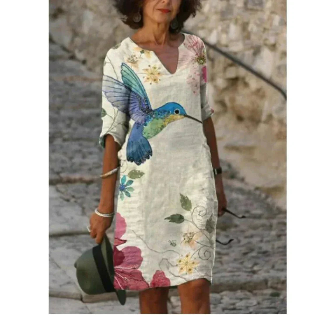 Effortless Linen Midi Dress for Women with V Neck Elbow Sleeve Relaxed Shift Casual Style