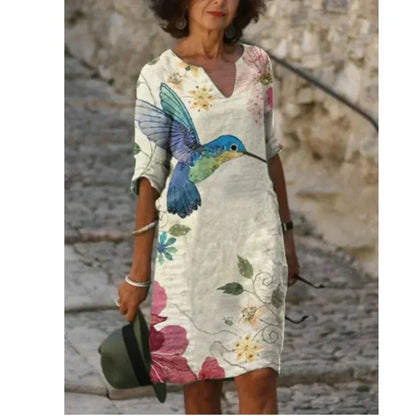 Effortless Linen Midi Dress for Women with V Neck Elbow Sleeve Relaxed Shift Casual Style