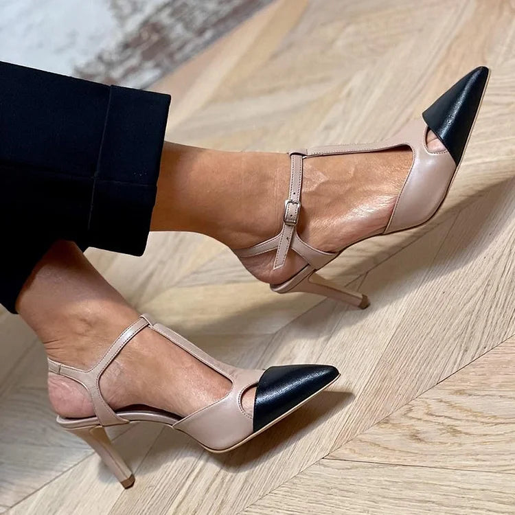 Stylish Beige Leather Pump for Women with Pointed Toe T Strap Stiletto Heel Style