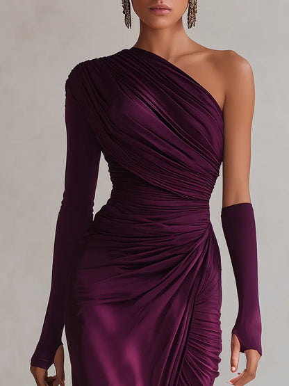 Elegant Purple Satin Cocktail Dress for Women with One Shoulder Long Sleeve Ruched High Slit Formal Party Style