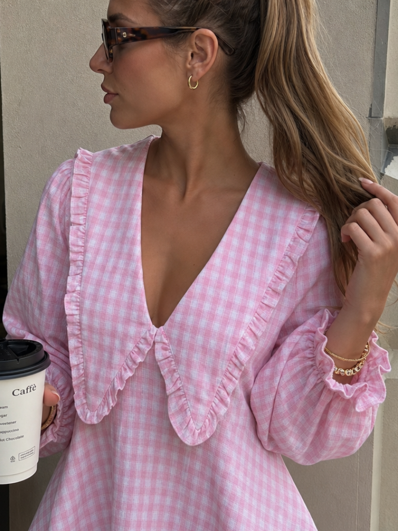 Women Gingham Ruffle Collar Long Sleeve Mini Dress