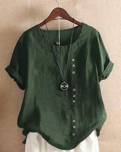 Effortless Linen Blouse for Women with Round Neck Short Sleeve Button Placket Relaxed Style