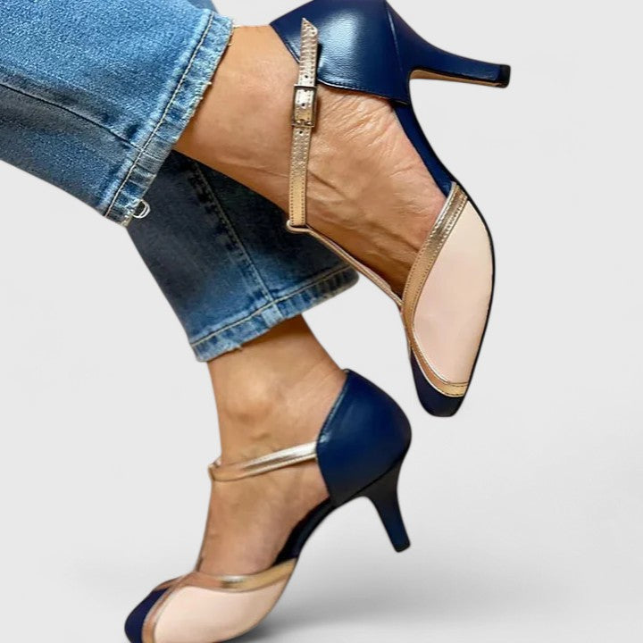 Elegant Color Block T-Strap Sandal for Women with Metallic Trim Buckle Ankle Kitten Heel Style
