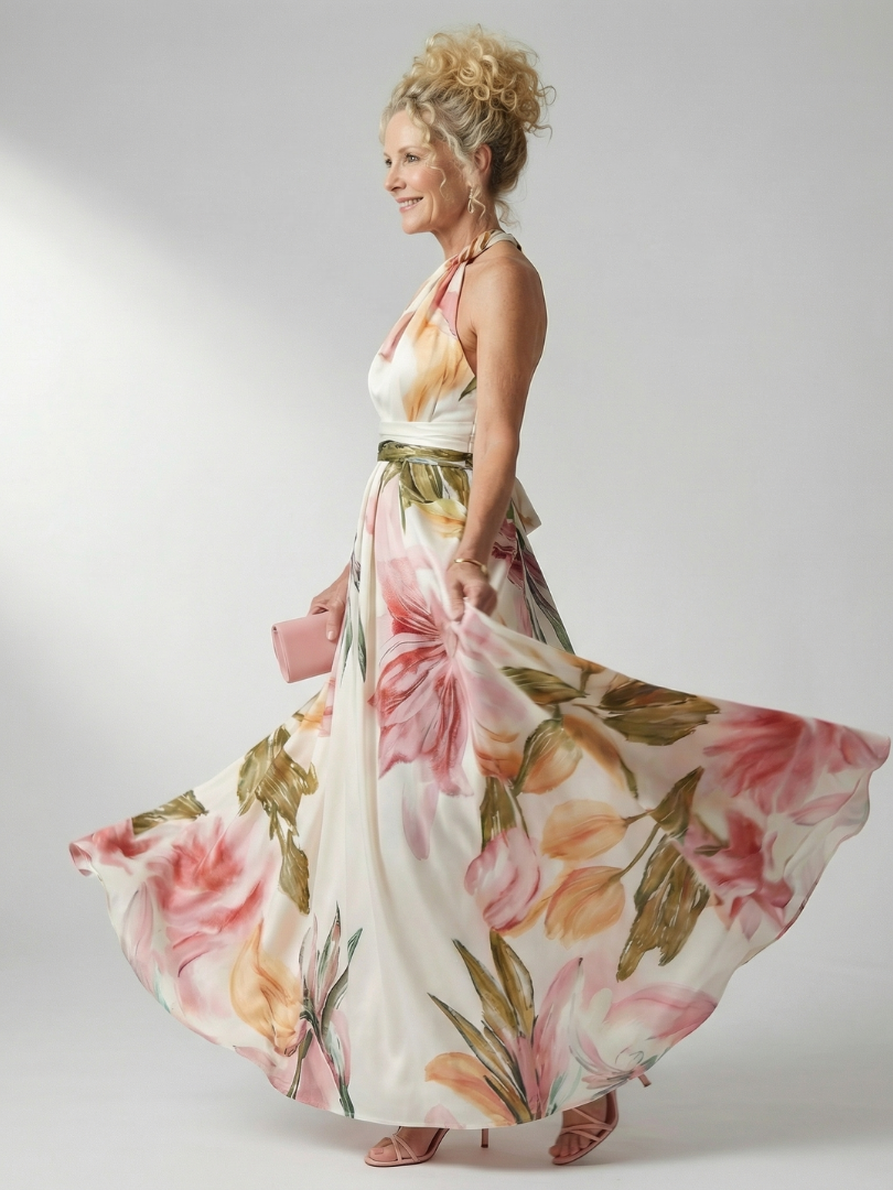 Elegant Floral Cocktail Dress for Women with One Shoulder Halter Sash Waist Flowing Maxi Style