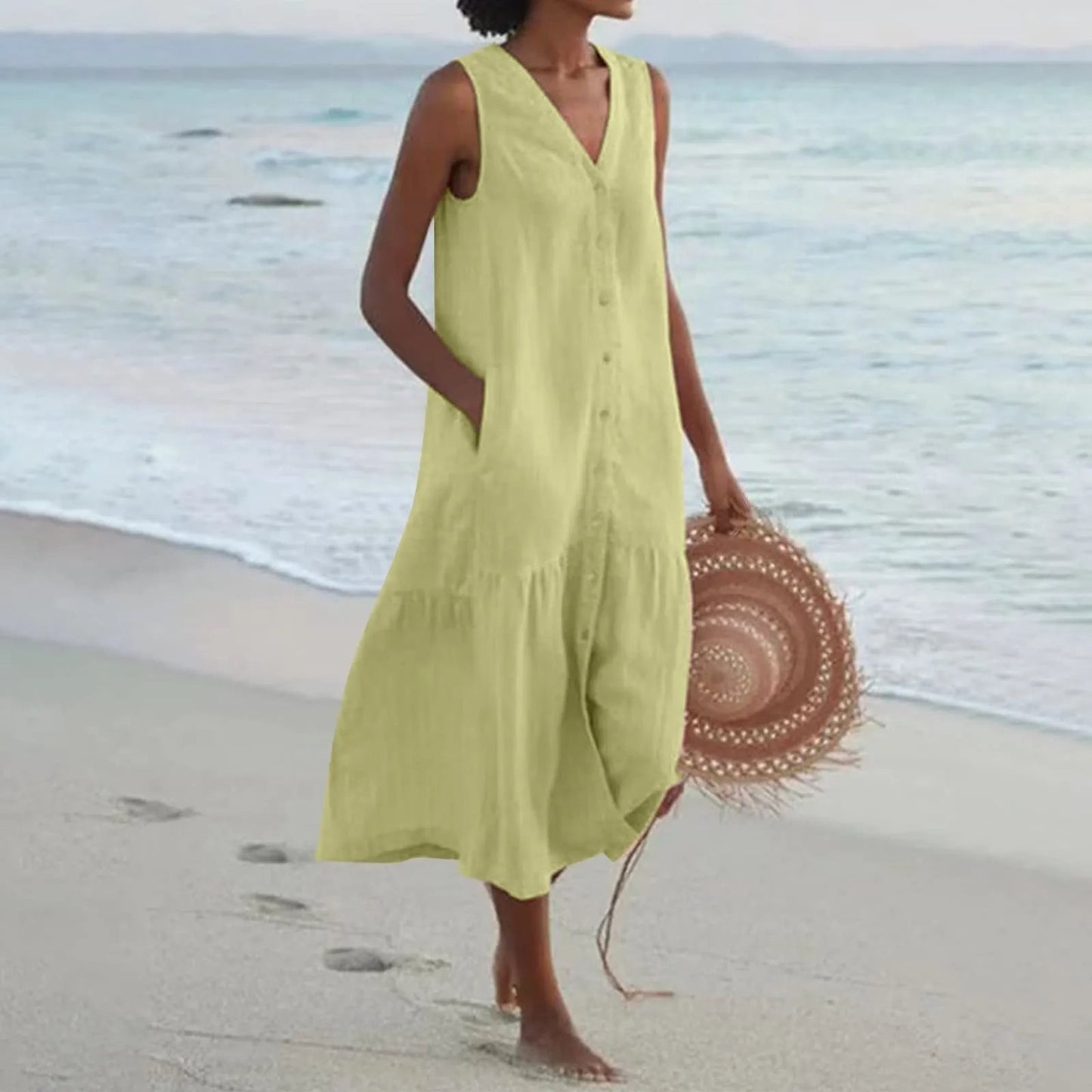 Effortless Linen Maxi Dress for Women with V Neck Sleeveless Button Front Tiered Flowing Bohemian Style